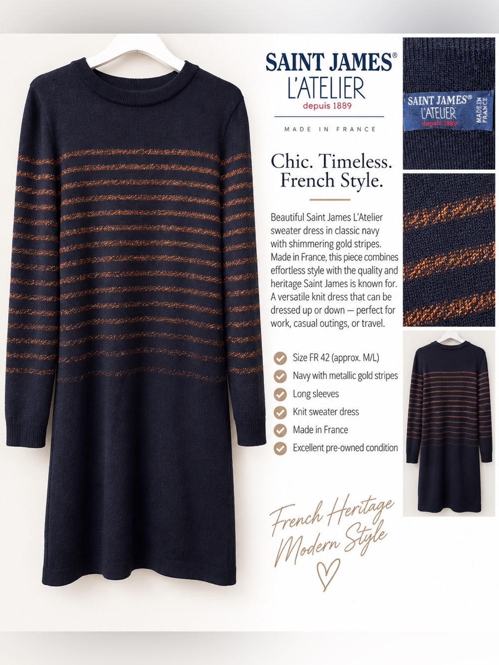 Saint James L’Atelier Made in France Navy Metallic Stripe Sweater Dress – FR 42